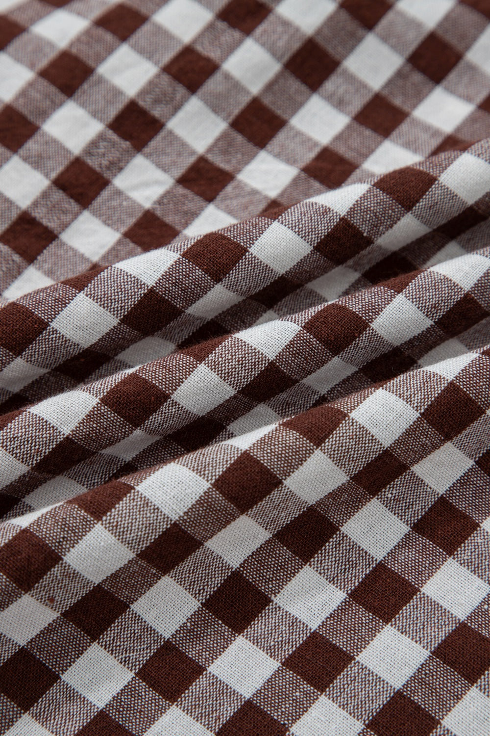Gingham zip-front midi dress in taupe cotton with a classic check pattern.