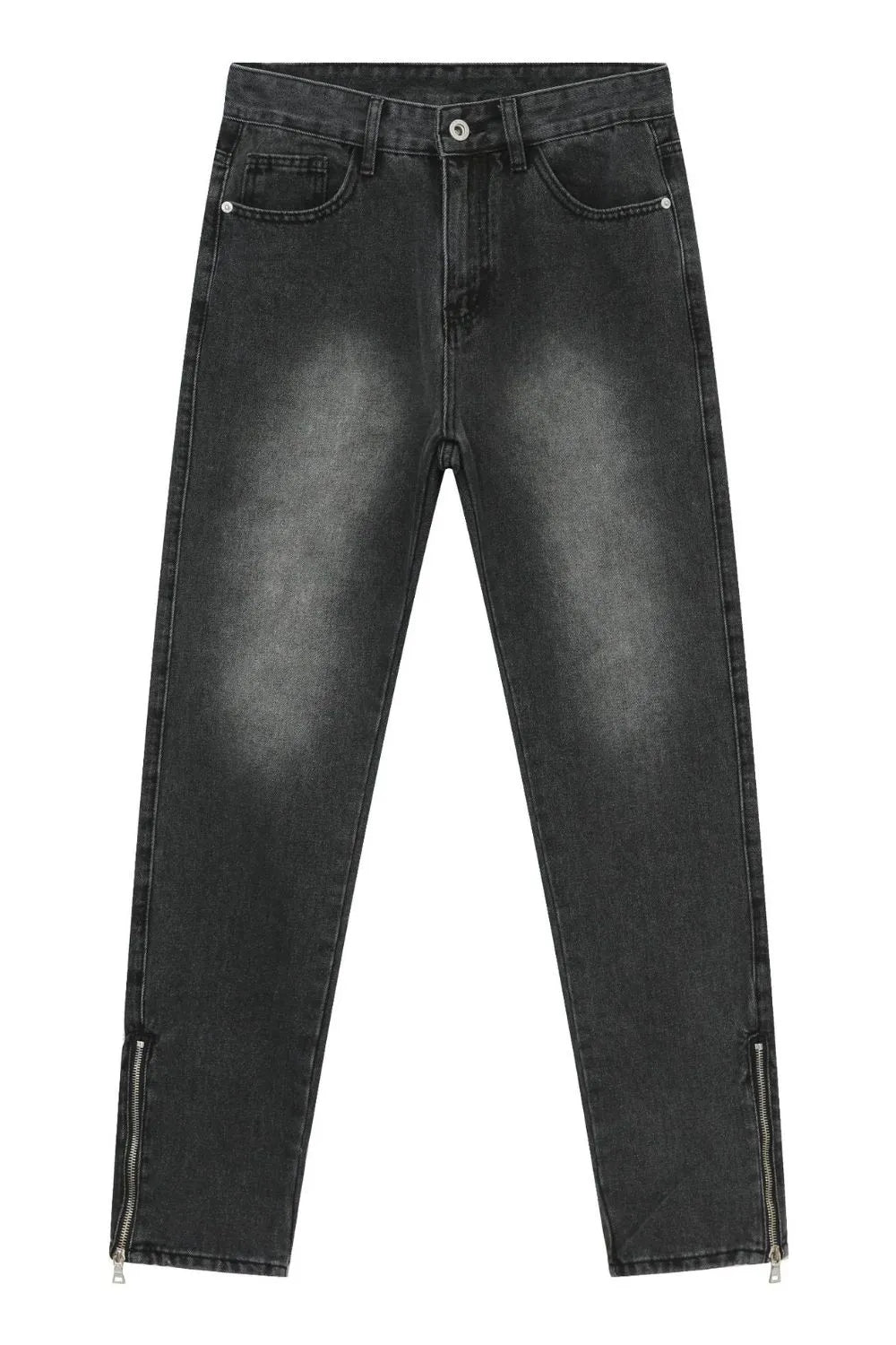 Dark washed denim trousers with split hem zippers