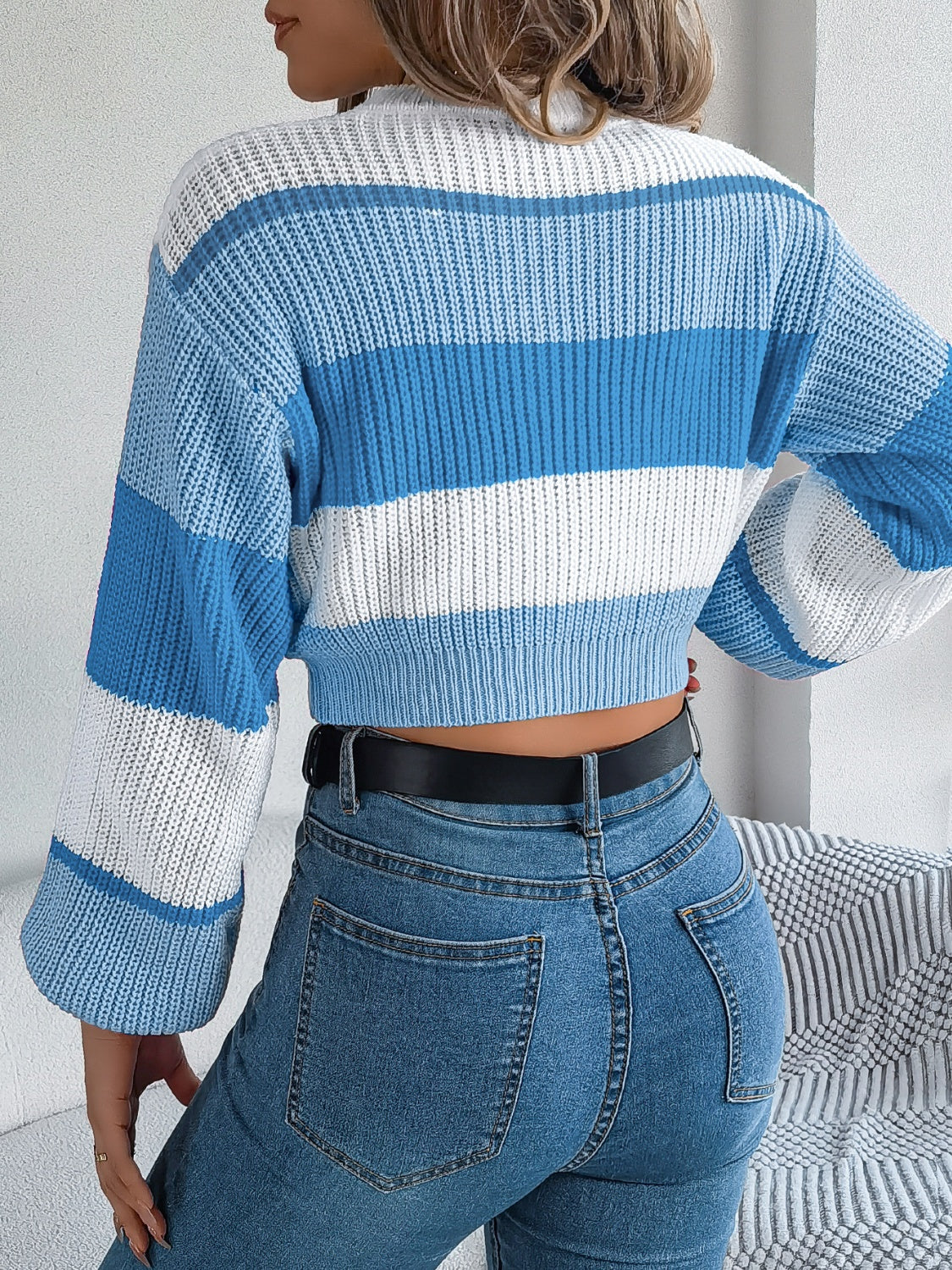 Striped crop knit sweater in Sky Blue with balloon sleeves, acrylic knit.