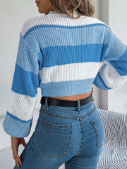 Striped crop knit sweater in Sky Blue with balloon sleeves, acrylic knit.