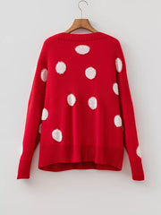 Polka Dot Button Front Oversized V Neck Cardigan in Deep Red, fabric detail