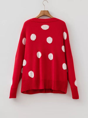 Polka Dot Button Front Oversized V Neck Cardigan in Deep Red, fabric detail