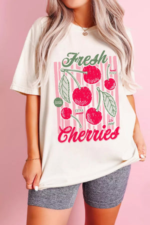 Cream oversized tee with vintage cherry graphic and pink stripes