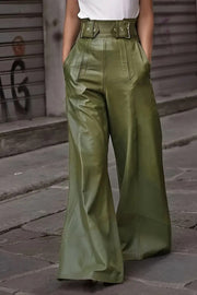 Wide-leg moss leather pants with buckle belt and pleats