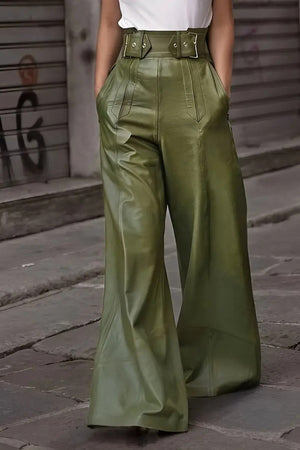 Wide-leg moss leather pants with buckle belt and pleats