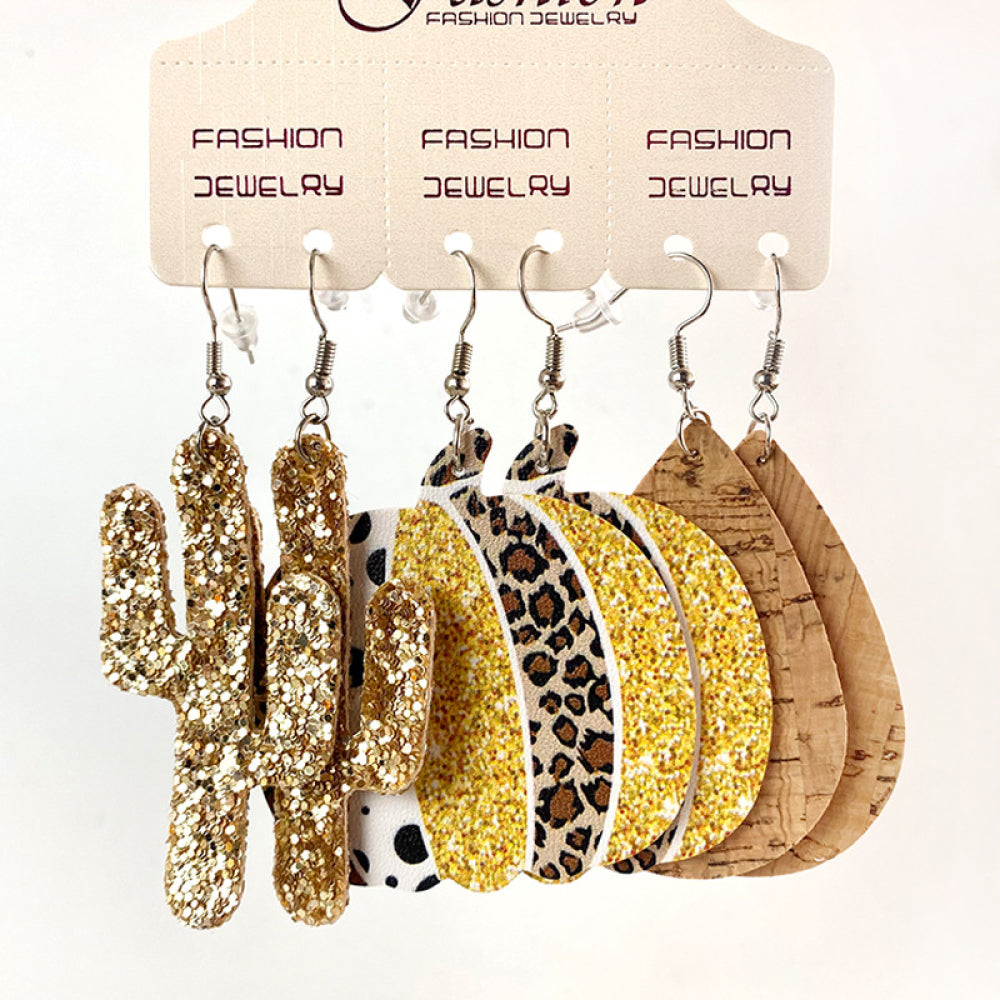 Leopard print glitter cactus and teardrop earrings set