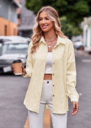 Textured overshirt in ivory with relaxed fit, buttoned front, and spread collar.
