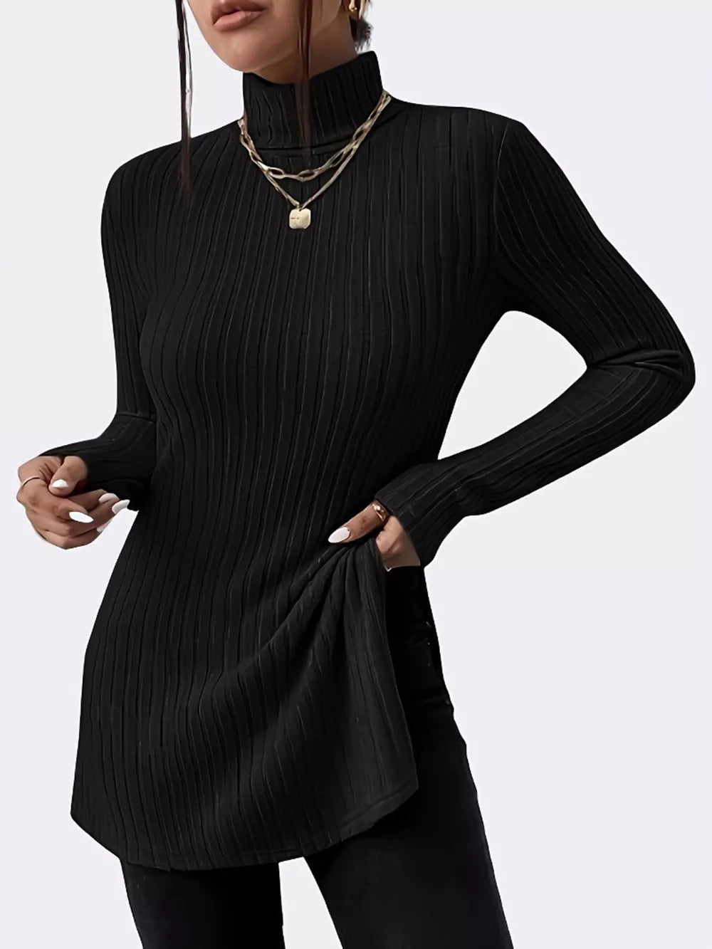Black ribbed turtleneck t-shirt with side slit detail and long sleeves.