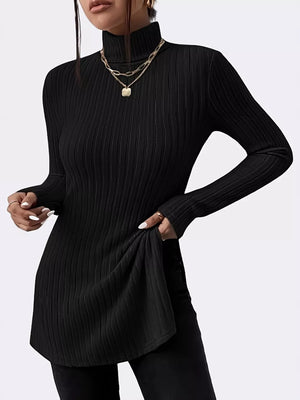 Black ribbed turtleneck t-shirt with side slit detail and long sleeves.