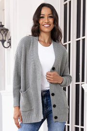 Dark gray oversized ribbed knit cardigan with pockets and buttons