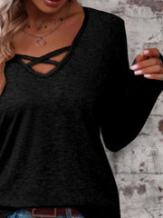 Black long sleeve tee with crisscross lattice neckline detail