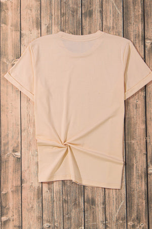 Tan crew neck t-shirt with cuffed sleeves and a knotted hem detail.