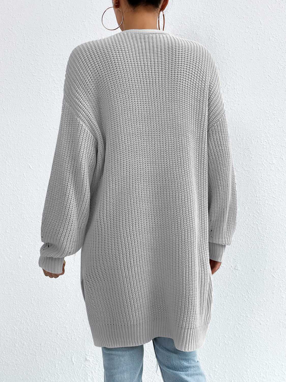 Longline knit open cardigan in Heather Gray acrylic with ribbed texture and side slits.