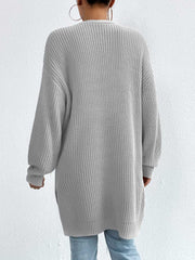 Longline knit open cardigan in Heather Gray acrylic with ribbed texture and side slits.