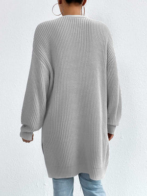 Longline knit open cardigan in Heather Gray acrylic with ribbed texture and side slits.