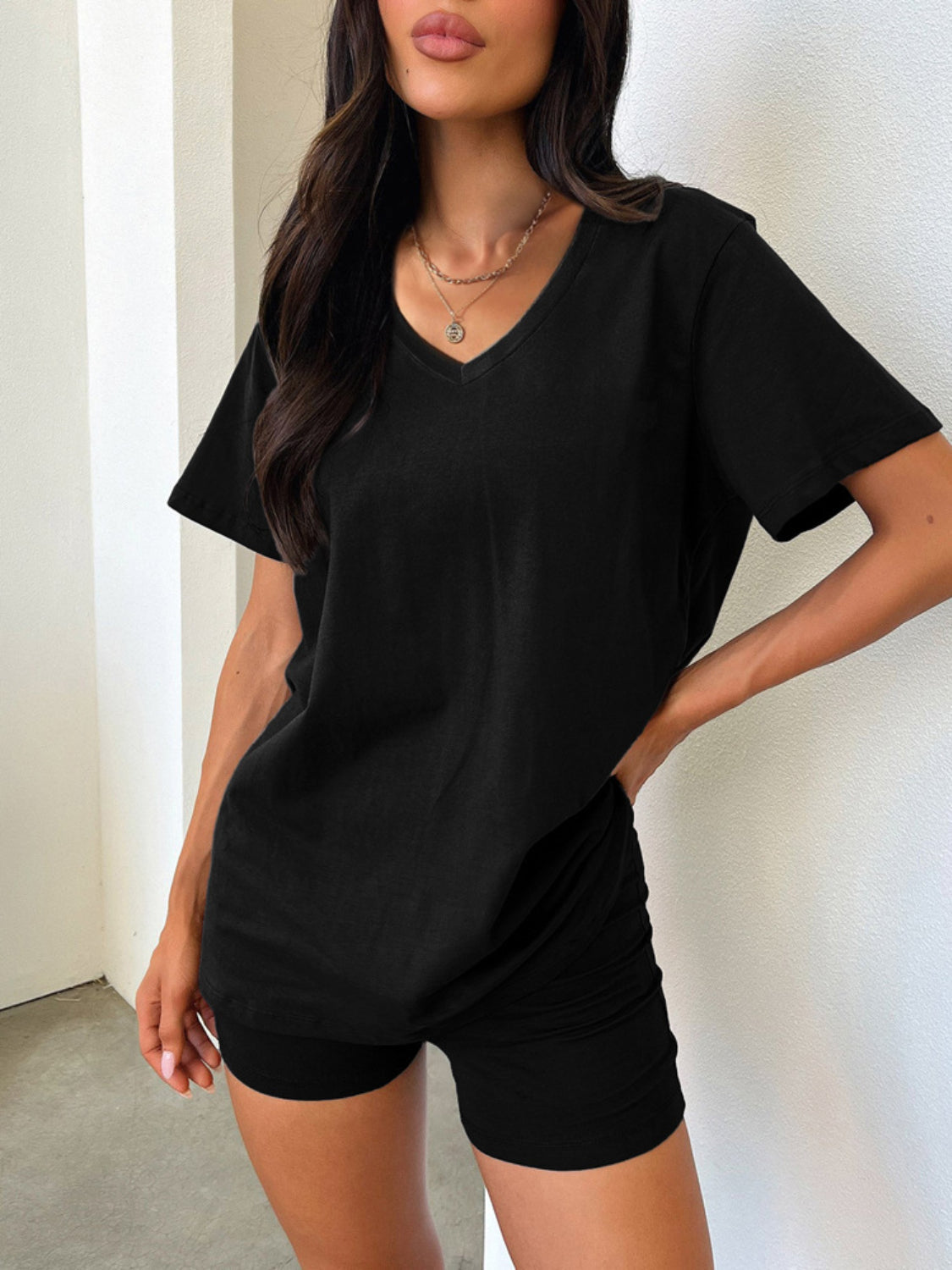 Black V-neck lounge top and ruched shorts set