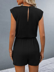 Black shoulder pad romper with drawstring waist and back keyhole detail