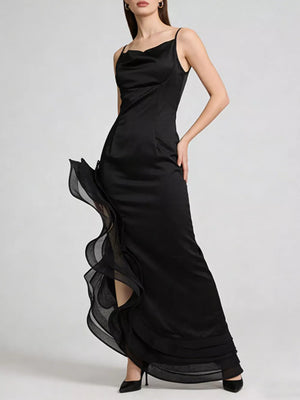 Spaghetti Strap Ruffle Slit Maxi Dress in Black, front view