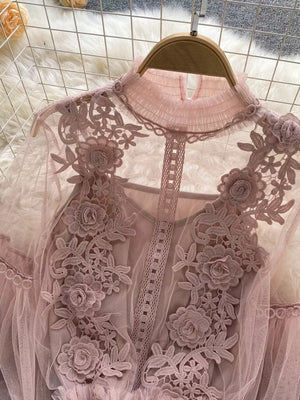 Light pink lace blouse with floral embroidery and ruffled mock neck.