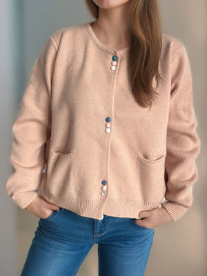 Dusty Pink ribbed knit button-up cardigan with playful pastel buttons and front pockets.