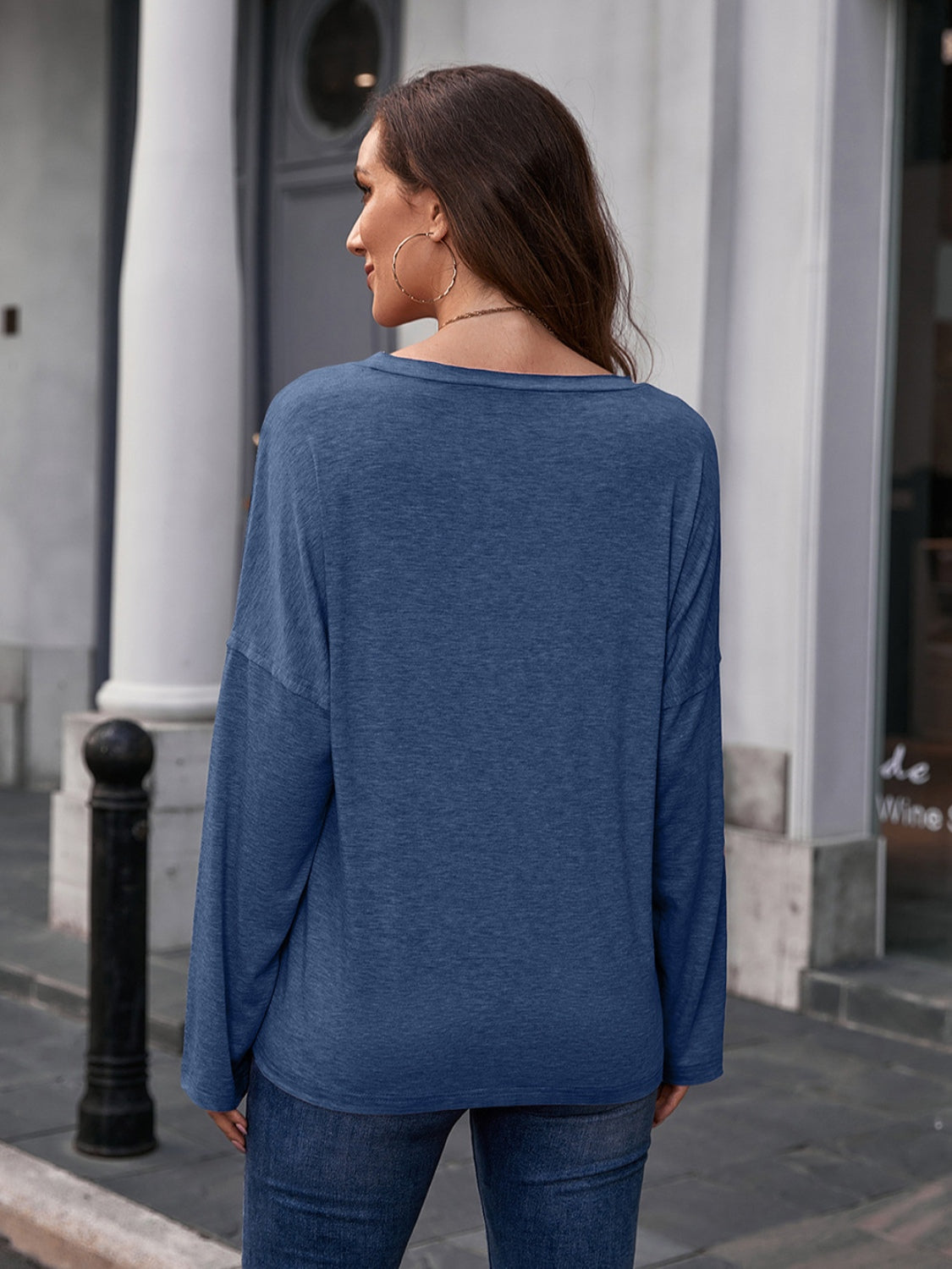 Dusty blue slouchy long sleeve tee with relaxed fit and scoop neck.