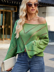 Green open-stitch chevron boat neck knit sweater with bell sleeves.