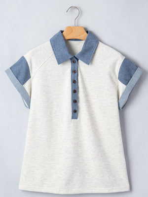 Button detail casual polo top in heather grey with denim collar and sleeve accents.