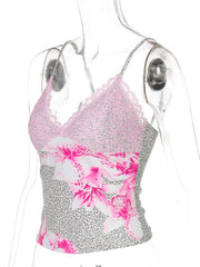 Lace-trimmed camisole with pink floral and leopard print.