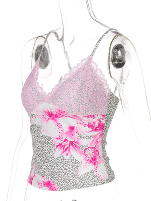 Lace-trimmed camisole with pink floral and leopard print.