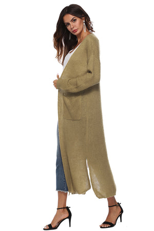 Longline knit cardigan in olive brown with side slits and pockets.