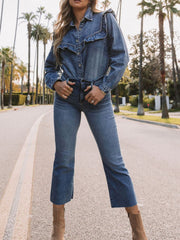 Denim ruffle button-down shirt with tie waist and buttoned cuffs.