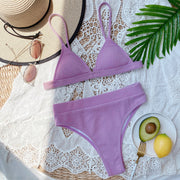 Lavender ribbed triangle bikini top and high-waist brief