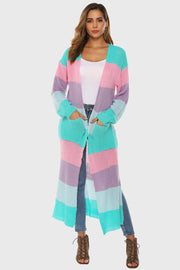 Maxi cardigan with rainbow stripes in aqua, pink, and purple, featuring pockets and a relaxed fit.