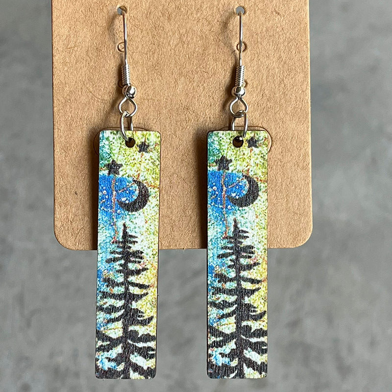 Painted landscape dangle earrings with moon and pine tree design, Style A