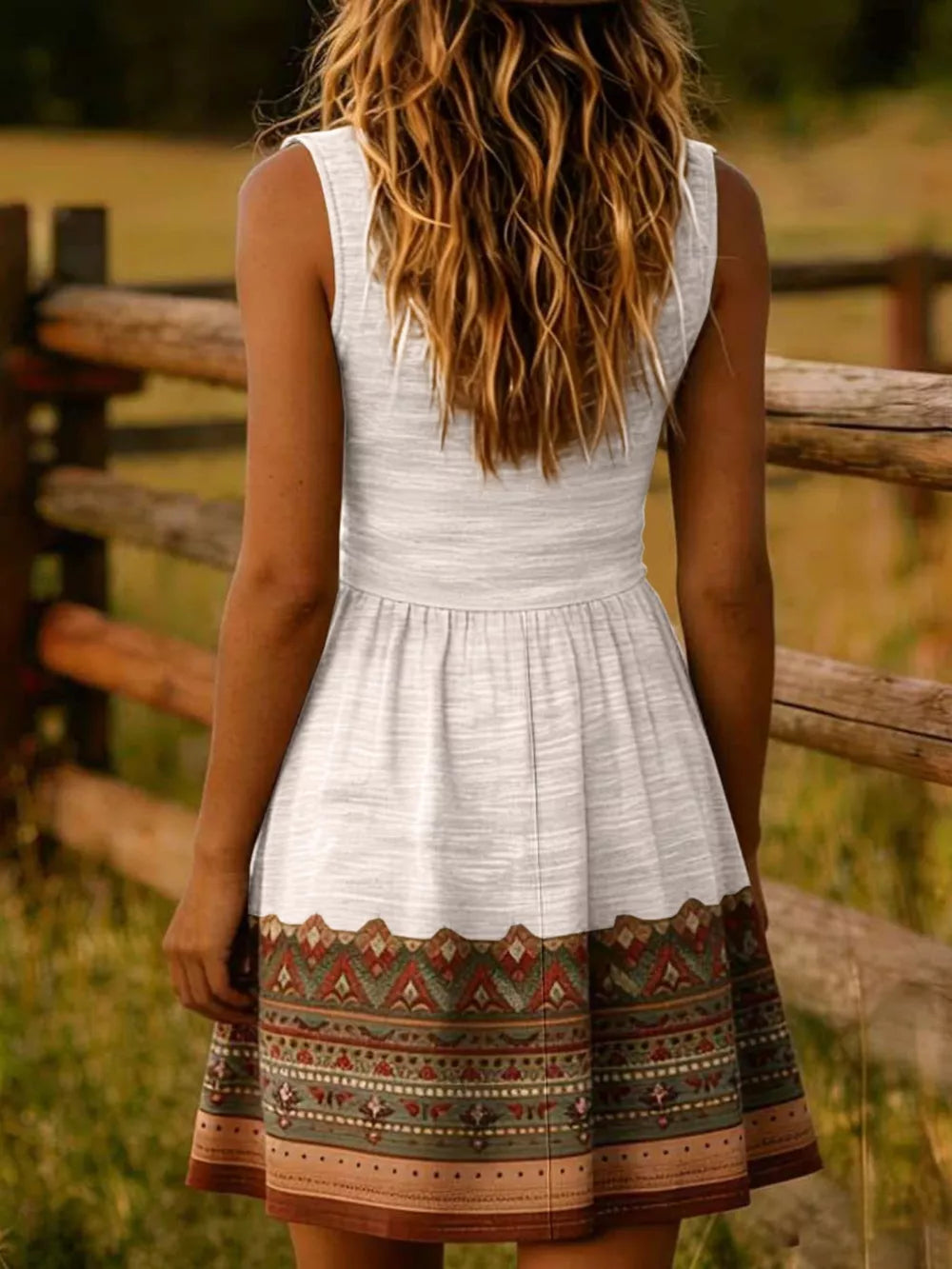 Bohemian Print Sleeveless Mini Dress in Blue, product detail