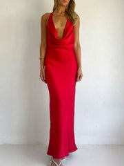 Red satin halter maxi dress with cowl neck and body skimming fit