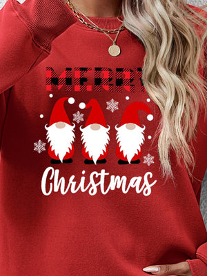 Red Christmas gnome graphic sweatshirt with Merry Christmas text