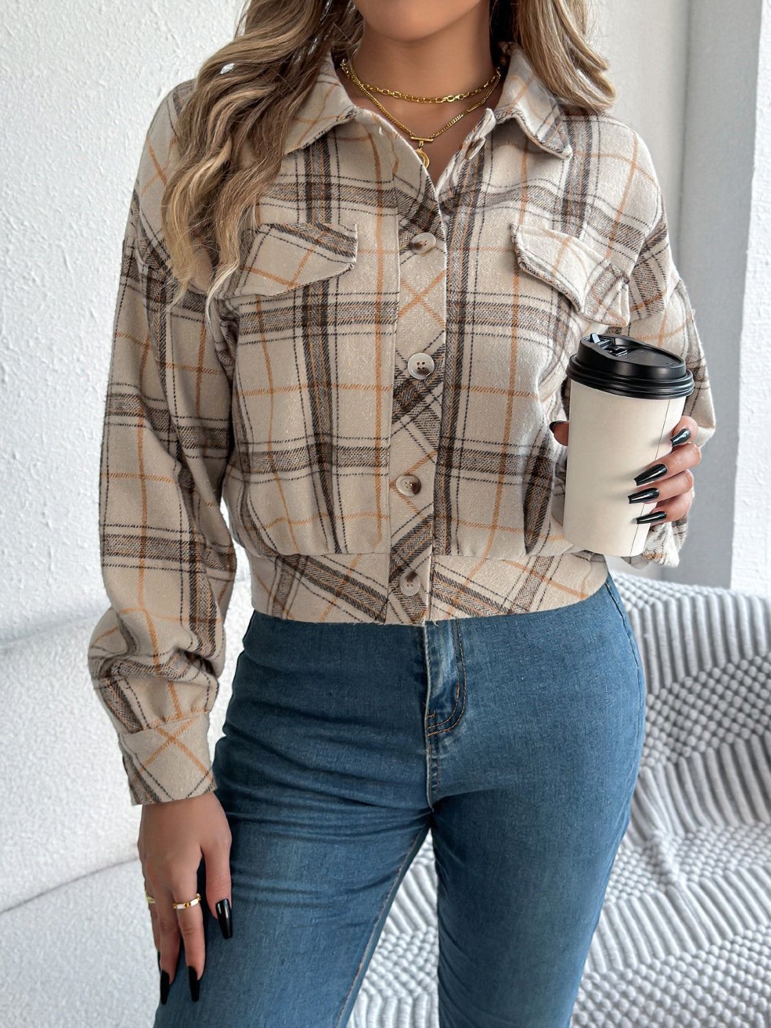 Cropped plaid shacket in taupe with gathered sleeves and button front.