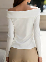Elegant Off-the-shoulder Blouse With Buttons in White, close-up detail