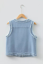 Light wash denim vest with frayed edges and collar detail.