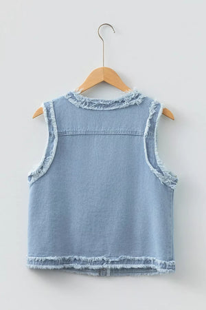 Light wash denim vest with frayed edges and collar detail.