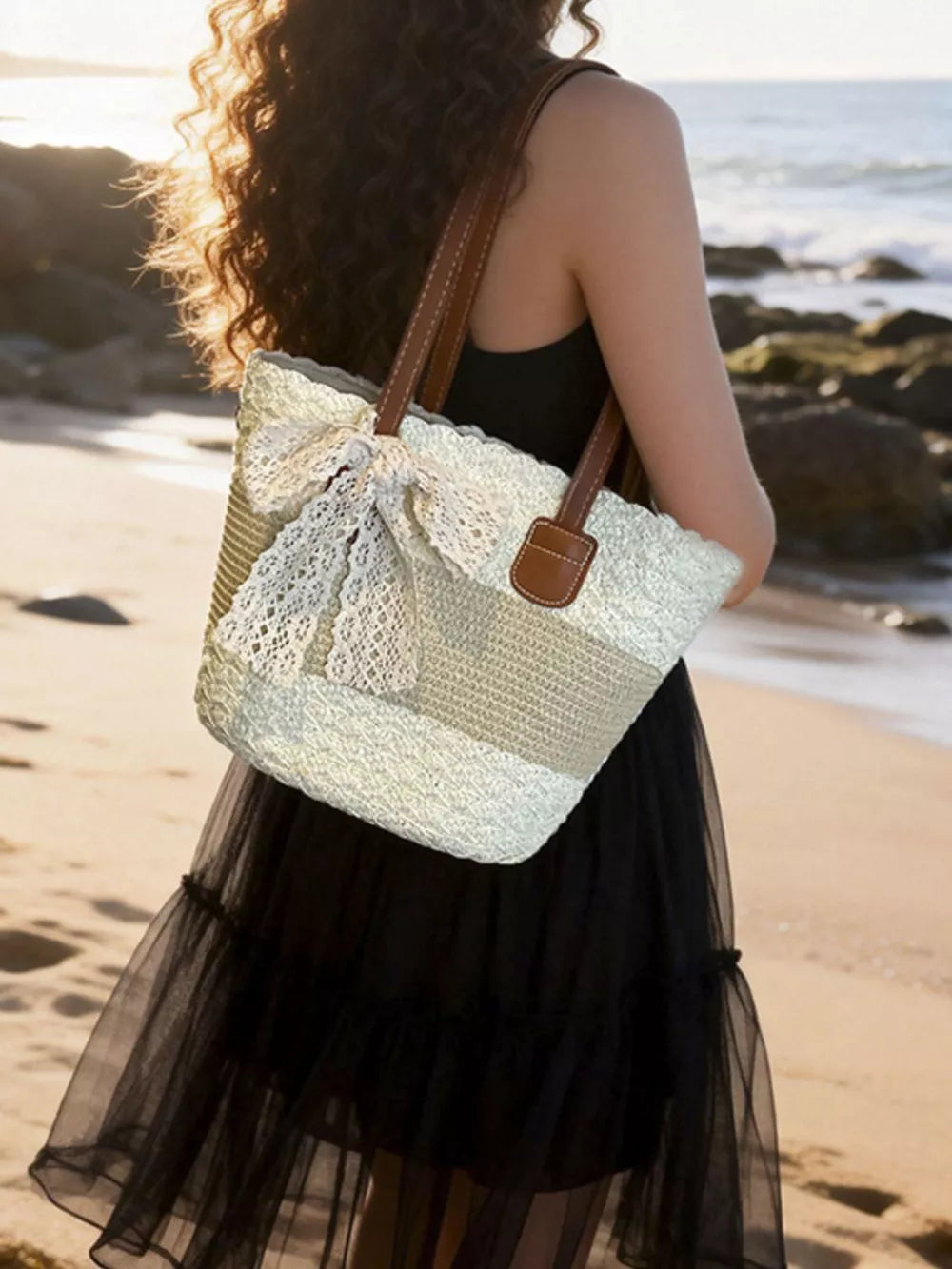 Lace Trimmed Straw Shoulder Bag in Cream White, front view