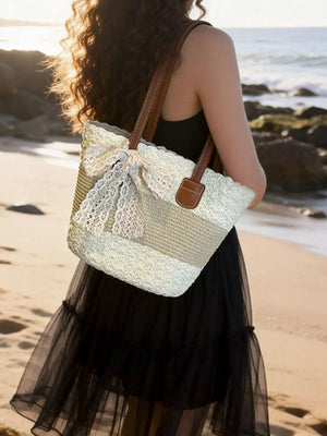 Lace Trimmed Straw Shoulder Bag in Cream White, front view