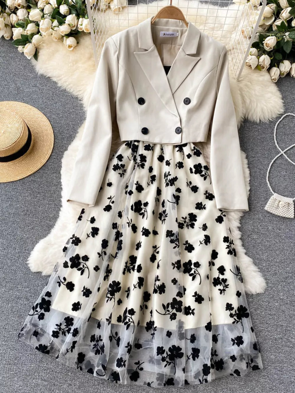 Floral mesh midi dress with a cropped blazer ensemble.