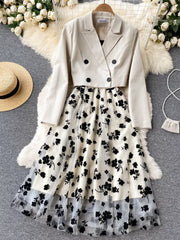 Floral mesh midi dress with a cropped blazer ensemble.