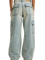 Light blue denim wide leg cargo pants with multiple pockets.