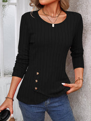 Black ribbed knit top with round neck and decorative buttons on the side.