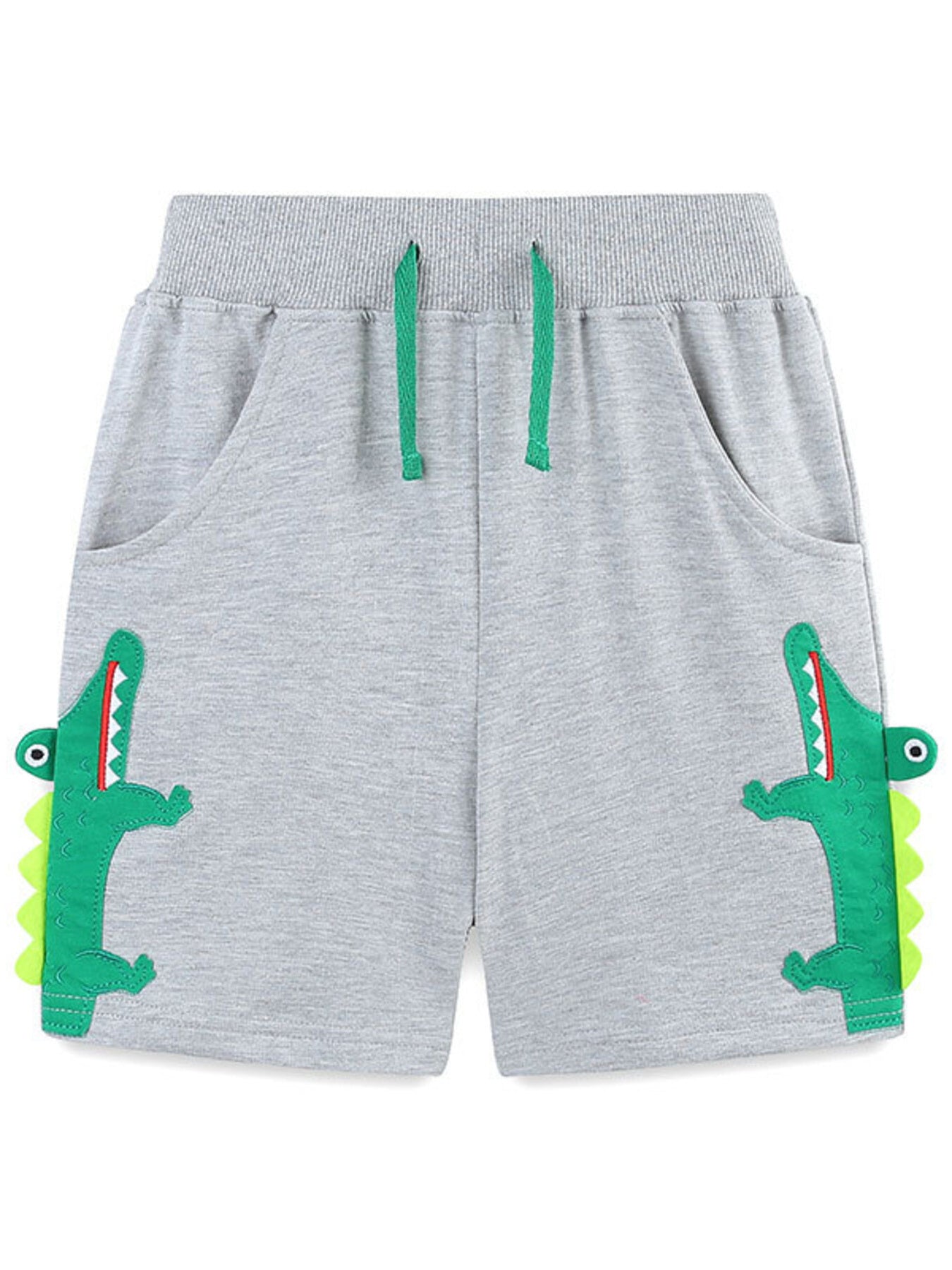 Grey cotton shorts with green alligator applique and drawstring.