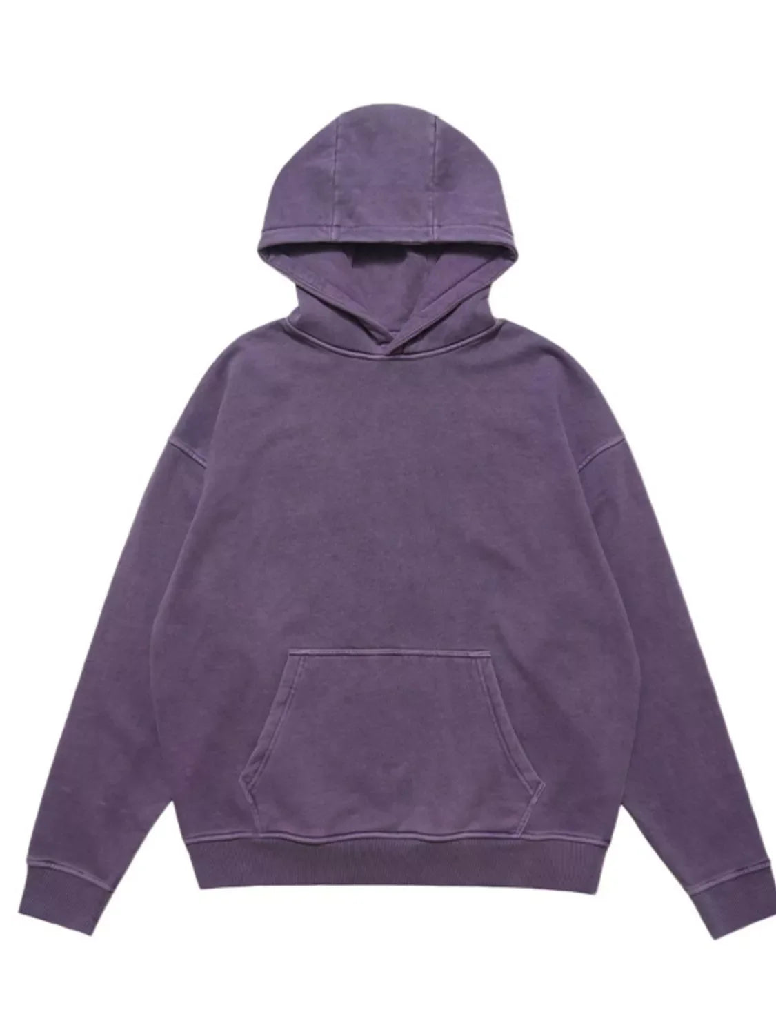 Purple vintage wash long-sleeve hoodie with front pocket and drawstring hood.
