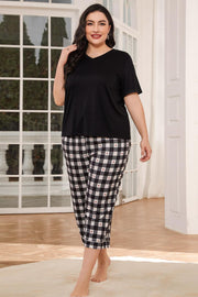 Black V-neck tee with cropped heart check lounge pants